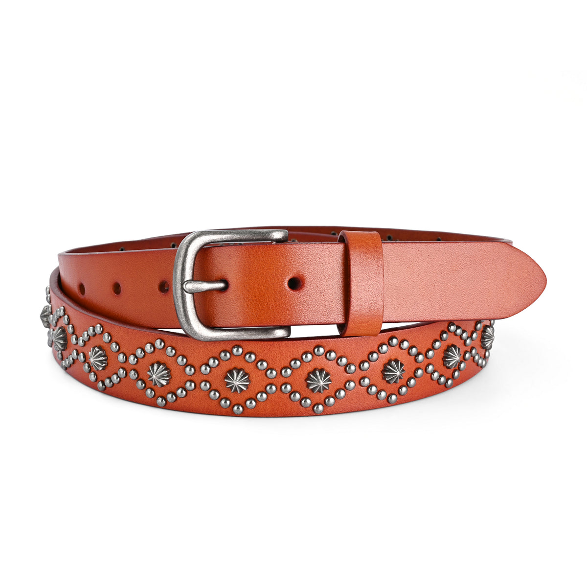 Lucky Brand Boho Cognac Woven Leather Studded Belt Small Orange Tan Lucky Brand Brown Leather Belt: Perforated Floral Boho Style  main image 4